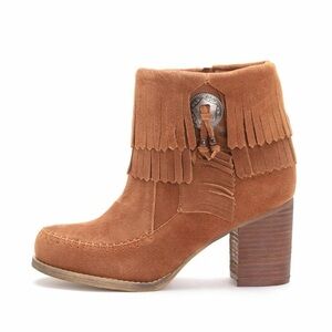 Sbicca Jessa Tan Block Heel Fringe Ankle Suede Western Bootie Sz 10